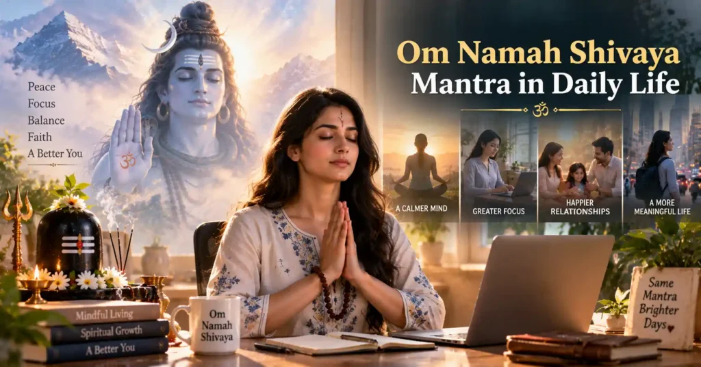 Modern devotee practicing Om Namah Shivaya Mantra in daily life with blessings of Lord Shiva