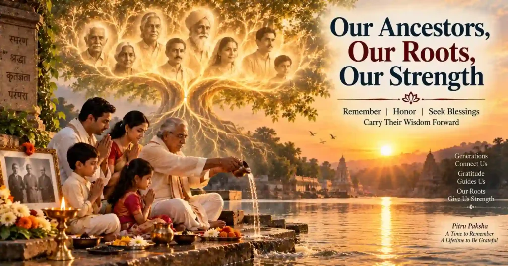 Family honoring ancestors during Pitru Paksha and celebrating ancestral blessings in Hinduism