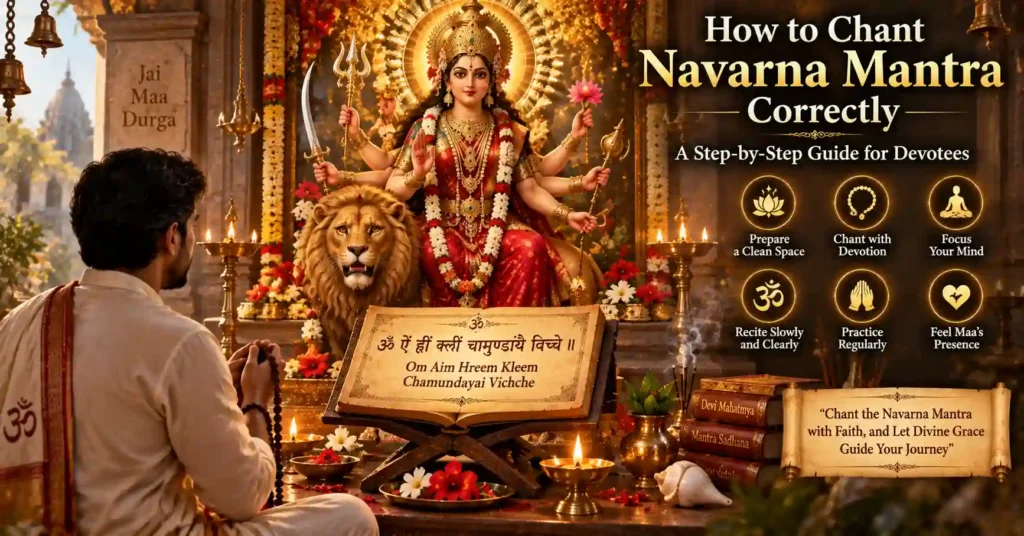 Devotee chanting Navarna Mantra before Maa Durga altar with mala, lamps and sacred worship setup