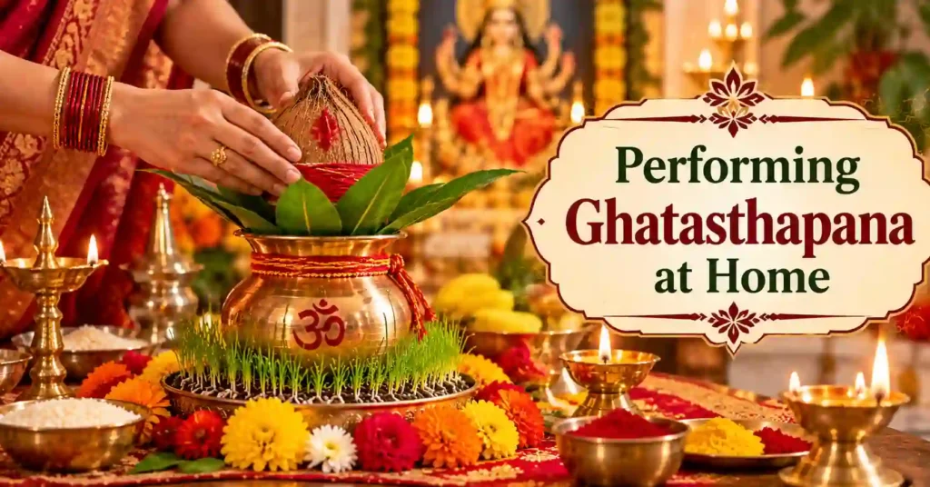 Devotee performing Ghatasthapana at home by placing coconut on the sacred kalash during Navratri