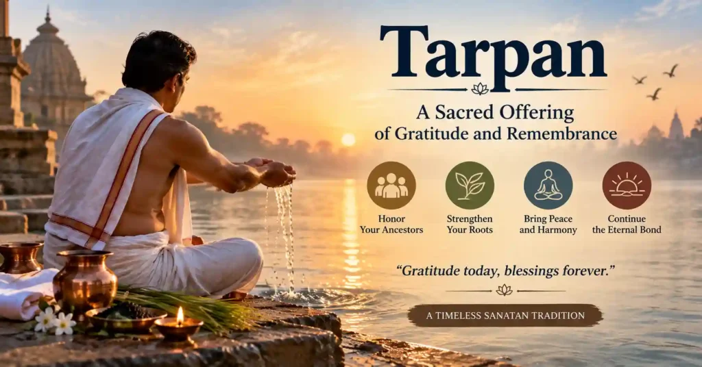 Devotee performing Tarpan for ancestors on a riverbank during sunrise as part of Pitru Tarpan ritual