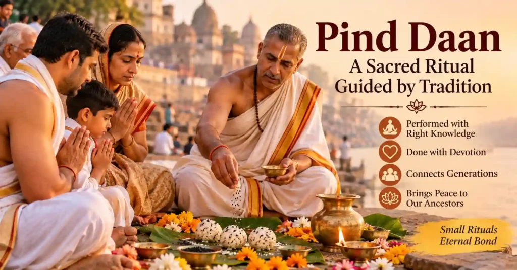 Hindu priest guiding devotees during a Pind Daan ceremony with prayers and ancestral offerings