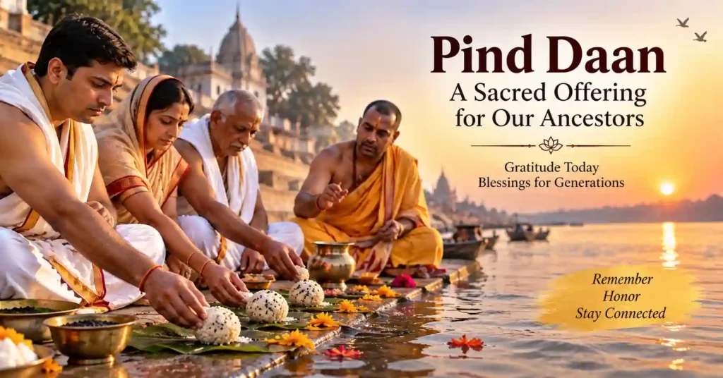 Family performing Pind Daan ritual on a riverbank to honor and remember ancestors in Hindu tradition