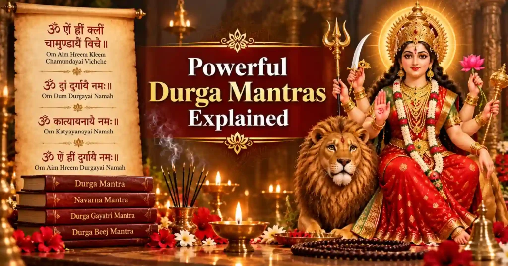 Sacred Durga Mantras including Navarna Mantra, Durga Beej Mantra and Durga Gayatri Mantra explained