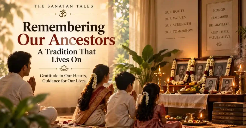 Family remembering ancestors through prayer and gratitude in modern life