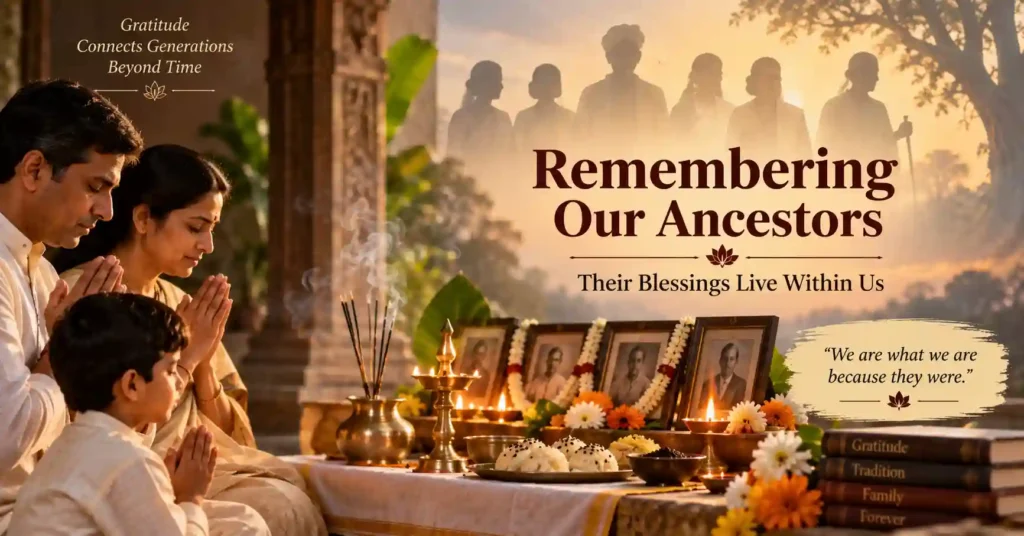 Family remembering and praying for ancestors during Sarva Pitru Amavasya observance