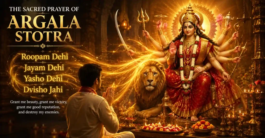Devotee praying before Goddess Durga with divine light representing the sacred prayer Roopam Dehi Jayam Dehi Yasho Dehi Dvisho Jahi