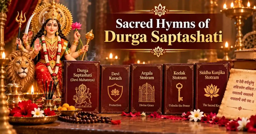 Maa Durga with Devi Kavach, Argala Stotram, Keelak Stotram and Siddha Kunjika Stotram from Durga Saptashati