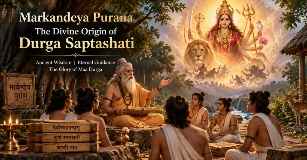 Sage Markandeya narrating Durga Saptashati to disciples with divine vision of Maa Durga in a forest ashram
