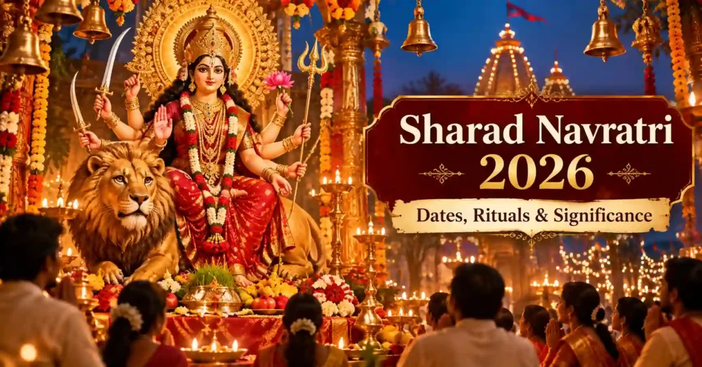 Sharad Navratri 2026 celebration with Maa Durga seated on a lion and devotees offering prayers