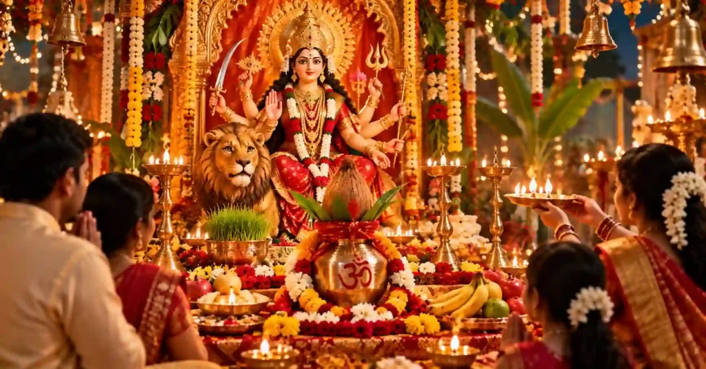 Devotees celebrating Sharad Navratri with Maa Durga, kalash, diyas and traditional worship rituals