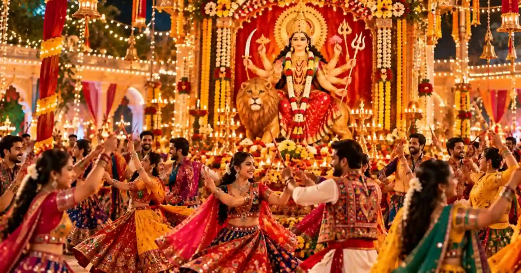 Devotees performing Garba and Dandiya in front of Maa Durga idol during Sharad Navratri celebrations