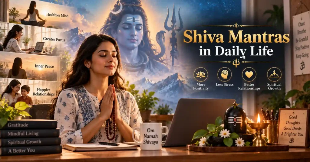 Modern devotee practicing Shiva mantras in daily life with Lord Shiva's blessings and spiritual balance