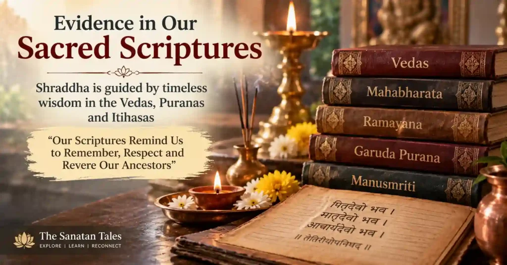 Sacred scriptures including Vedas, Mahabharata, Ramayana and Garuda Purana explaining the scriptural basis of Shraddha