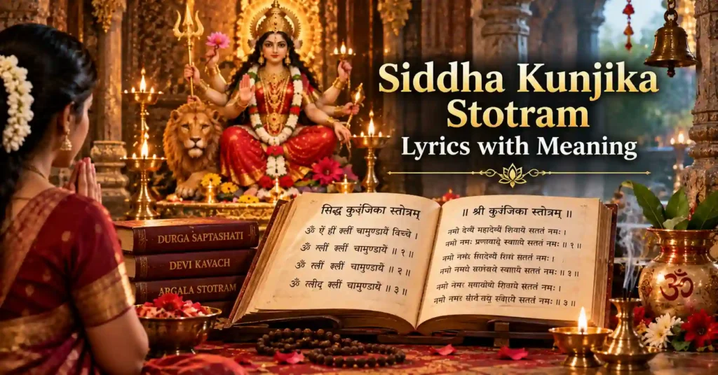 Devotee reciting Siddha Kunjika Stotram lyrics with meaning before Maa Durga