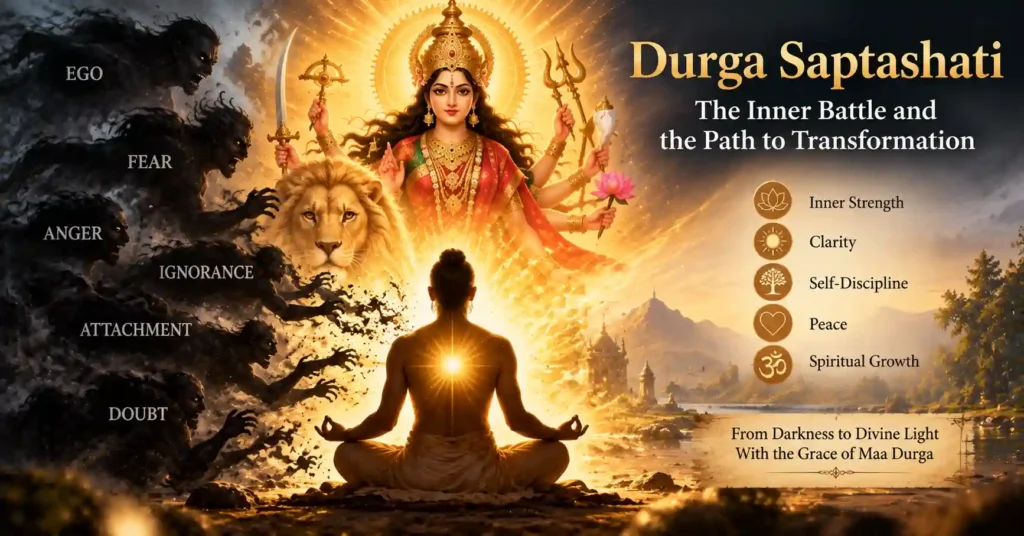 Meditating devotee overcoming fear ego and ignorance through the spiritual teachings of Durga Saptashati and Maa Durga's grace