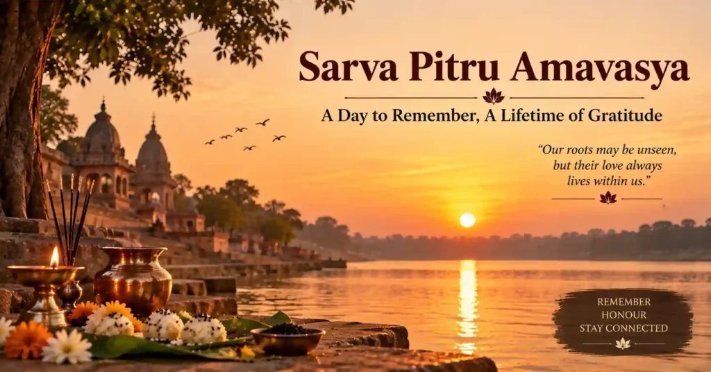 Sacred riverbank at sunset symbolizing the spiritual significance of Sarva Pitru Amavasya