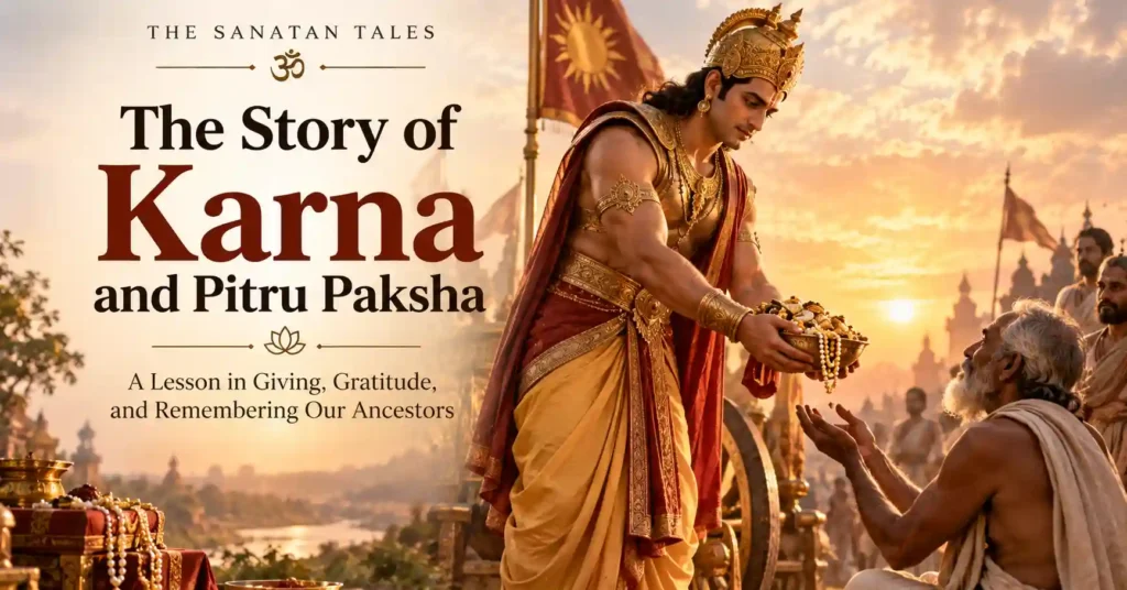 Karna offering charity in the traditional story associated with Pitru Paksha