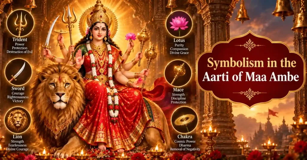 Maa Ambe seated on a lion holding divine weapons, symbolizing courage, protection, and Divine Shakti