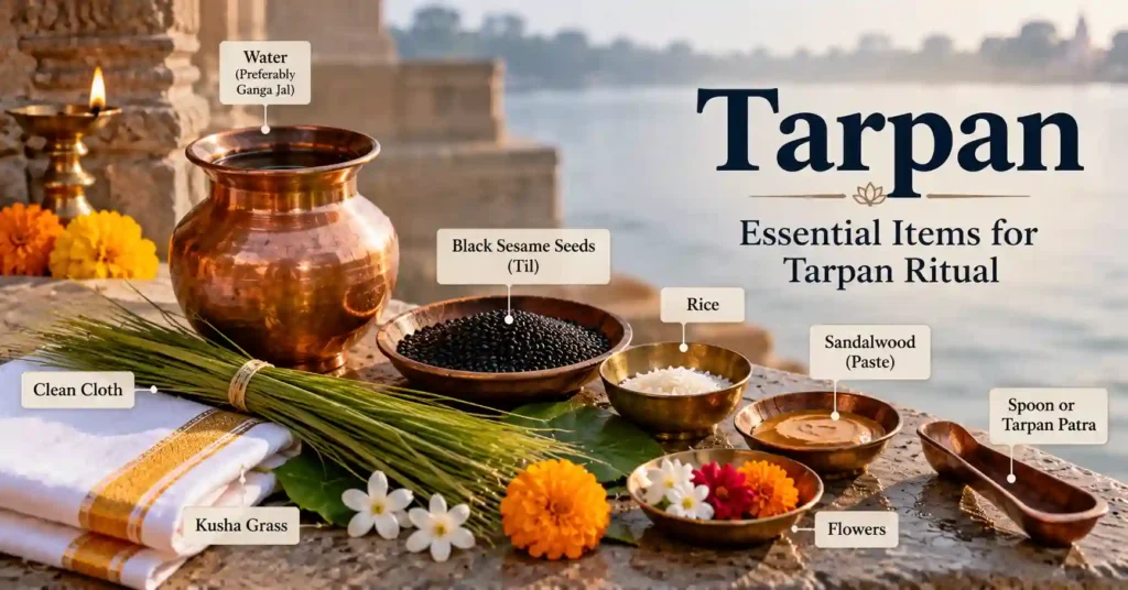 Essential items required for Tarpan ritual including copper vessel, Ganga Jal, black sesame seeds, Kusha grass and flowers