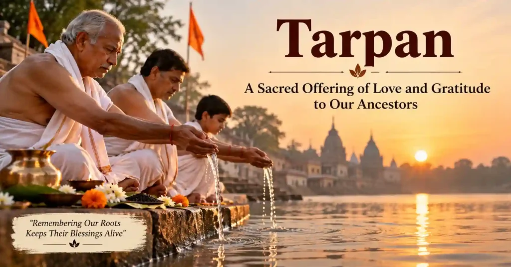 Devotees performing Tarpan for ancestors on Sarva Pitru Amavasya during Pitru Paksha