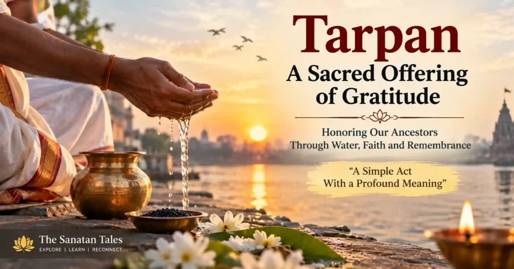 Devotee performing Tarpan by offering water to ancestors as part of Shraddha rituals in Hinduism