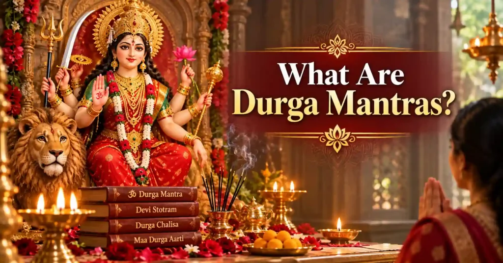 Devotee worshipping Maa Durga while learning the meaning and importance of Durga Mantras