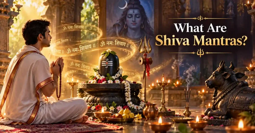 Devotee chanting Shiva mantras before a Shivling in a temple, explaining what Shiva mantras are and their spiritual significance