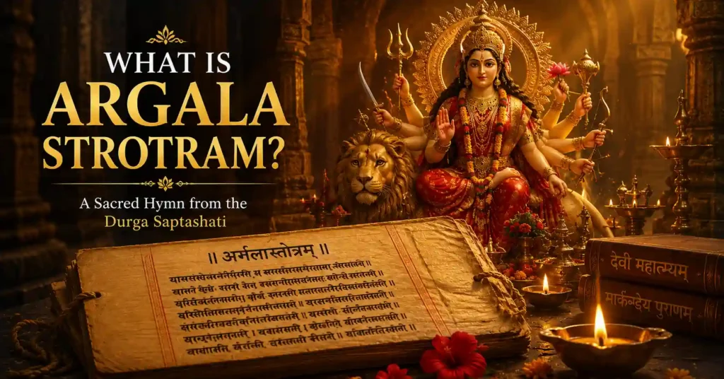 Ancient Sanskrit manuscript of Argala Stotra placed before Goddess Durga in a traditional temple setting