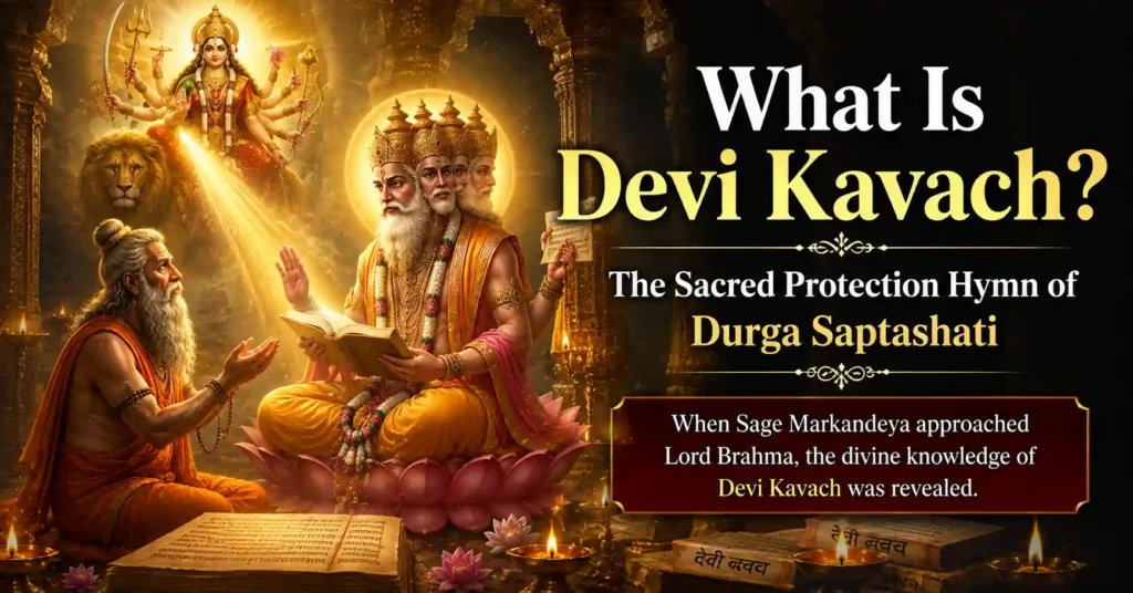 Sage Markandeya receiving sacred knowledge of Devi Kavach from Lord Brahma in a divine spiritual setting