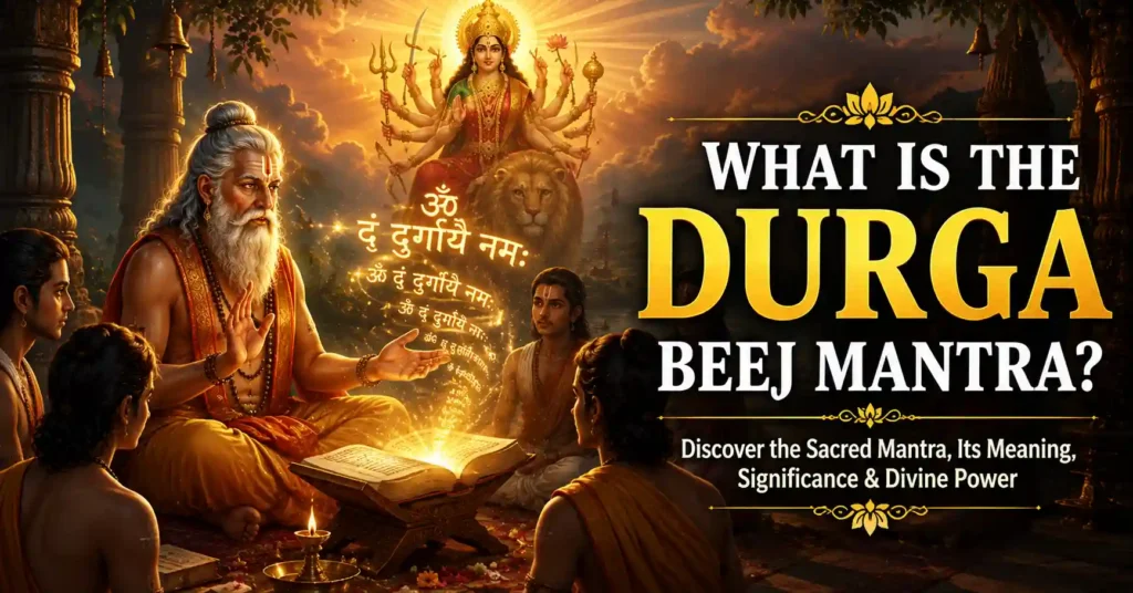 Ancient sage teaching sacred mantra knowledge with glowing Sanskrit scriptures explaining the origin and significance of the Durga Beej Mantra