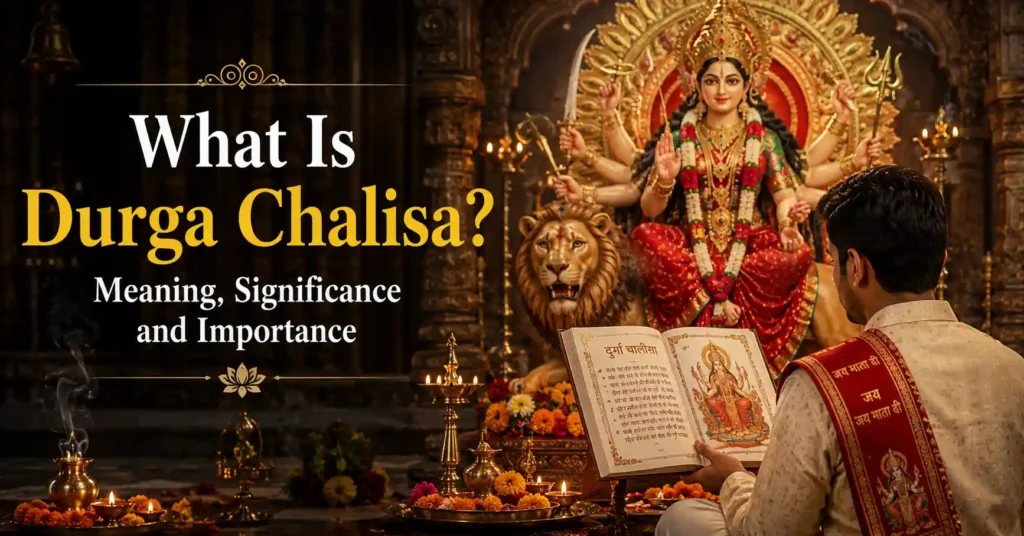 Devotee reading Durga Chalisa before Maa Durga idol in a traditional Hindu worship setting