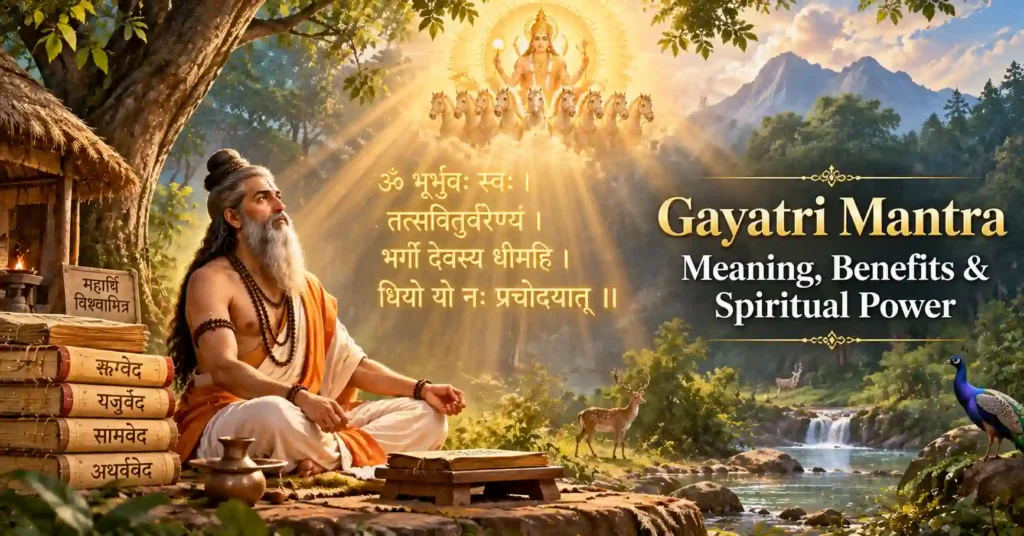 Maharishi Vishwamitra receiving the divine revelation of the Gayatri Mantra through meditation and Vedic wisdom
