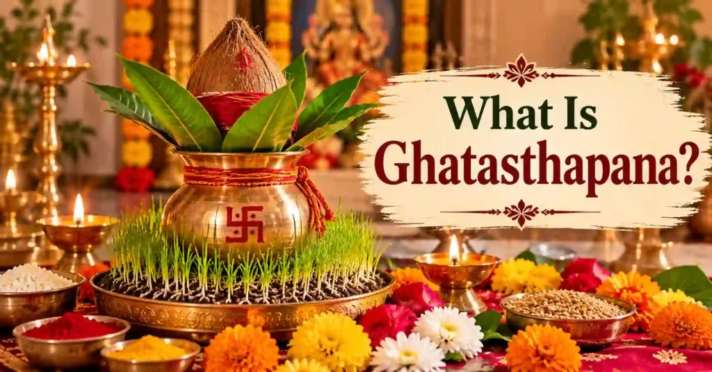Traditional Ghatasthapana arrangement with kalash, coconut, mango leaves and barley seeds during Navratri