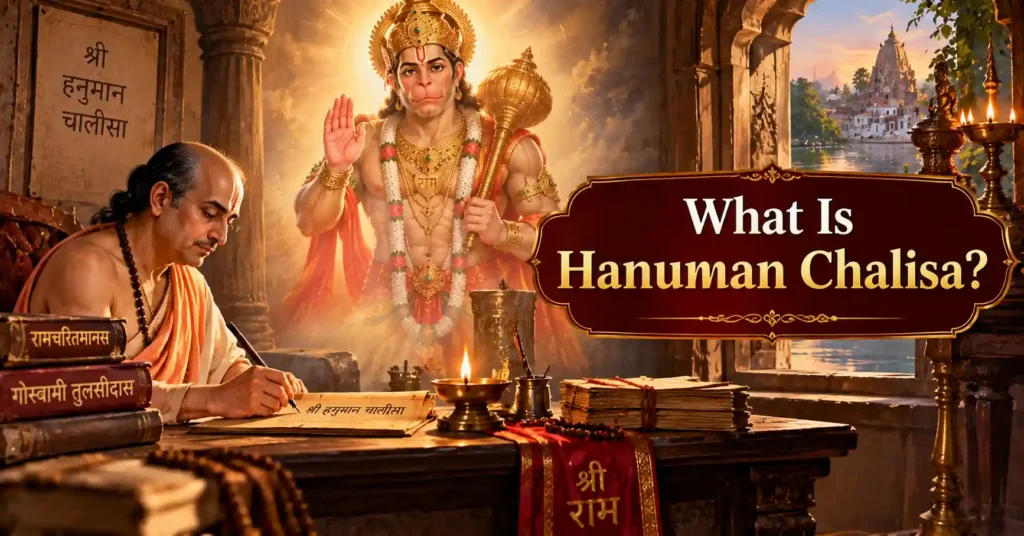 Lord Hanuman with Lord Rama, Sita, and Lakshmana, representing Hanuman Chalisa meaning, benefits, and chanting guide