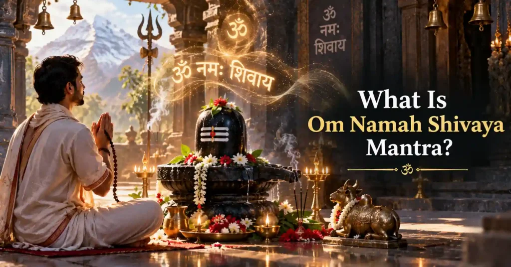 Devotee chanting Om Namah Shivaya Mantra before a Shivling in a peaceful Shiva temple