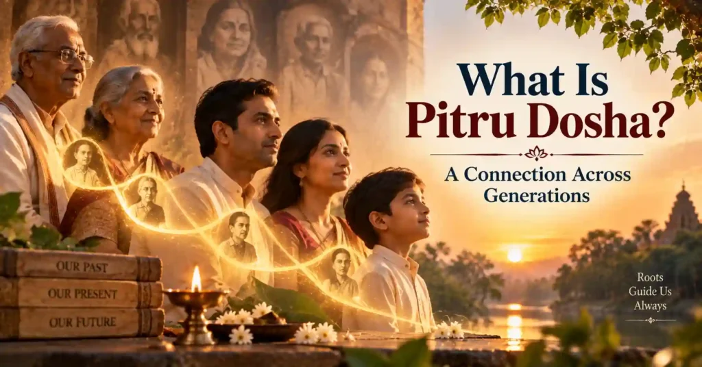 Three generations connected through ancestral lineage illustrating the meaning of Pitru Dosha