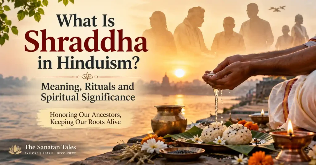 What Is Shraddha in Hinduism featured image showing Tarpan ritual, ancestor offerings and spiritual significance of Shraddha