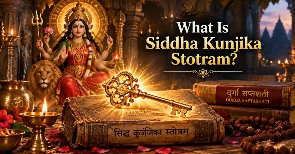 Sacred scripture and divine key representing the meaning and significance of Siddha Kunjika Stotram