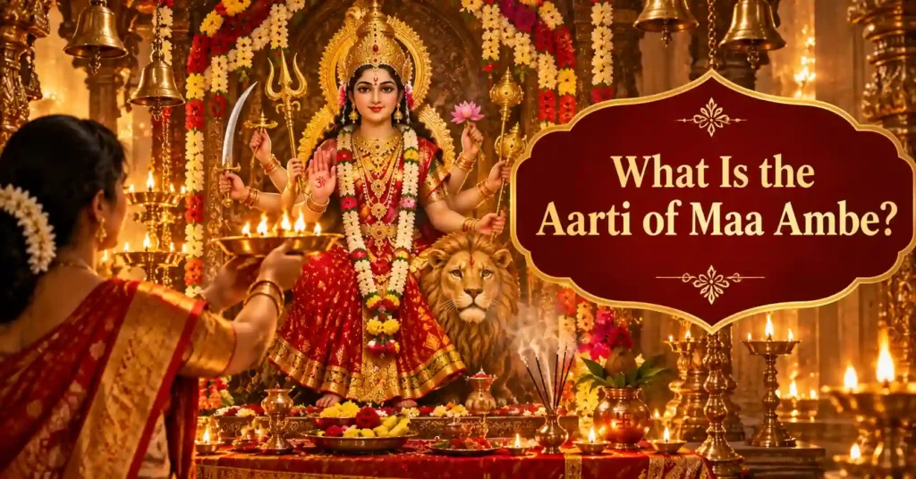 Devotee performing traditional Aarti before Maa Ambe with diya, flowers, and incense during devotional worship