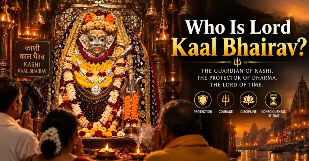 Lord Kaal Bhairav seated in a sacred temple with devotees offering prayers, depicting the divine guardian form worshipped in Sanatan Dharma.