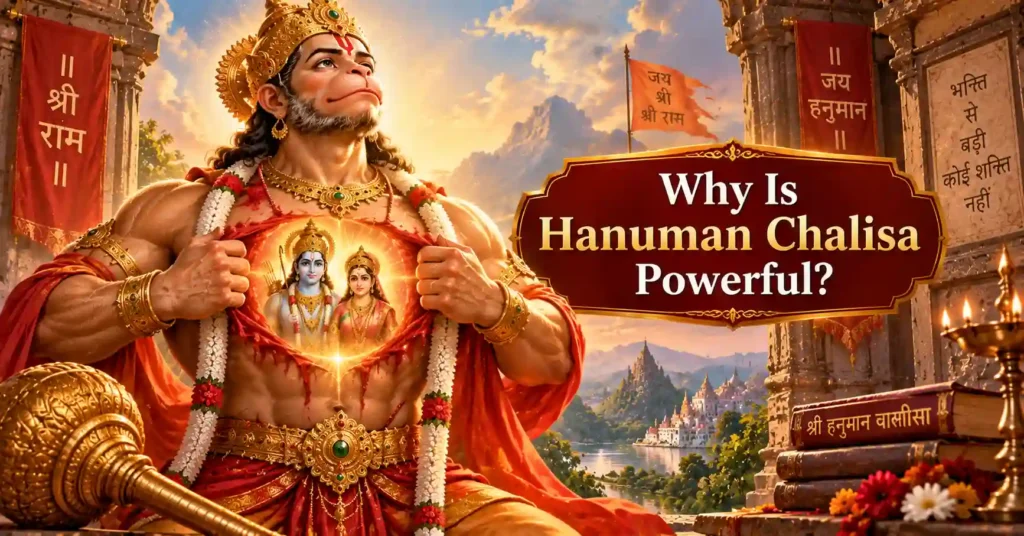 Lord Hanuman revealing Lord Rama and Sita in His heart, symbolizing the spiritual power of Hanuman Chalisa