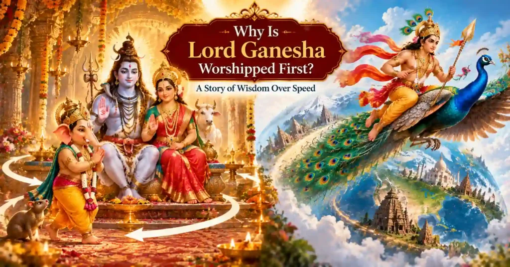 Lord Ganesha and Kartikeya in the divine contest explaining why Ganesha is worshipped first