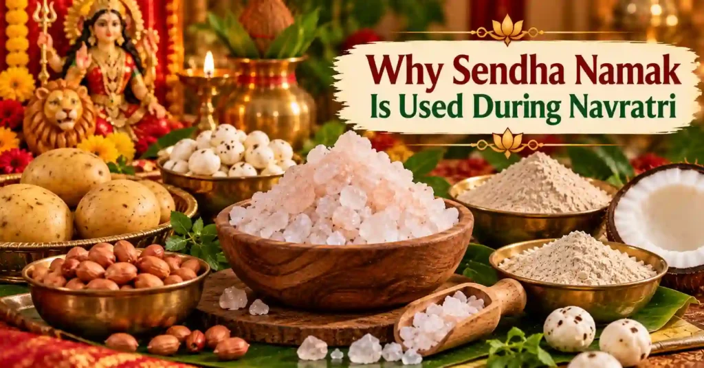 Traditional Sendha Namak with vrat ingredients such as potatoes, peanuts and singhara flour used during Navratri fasting