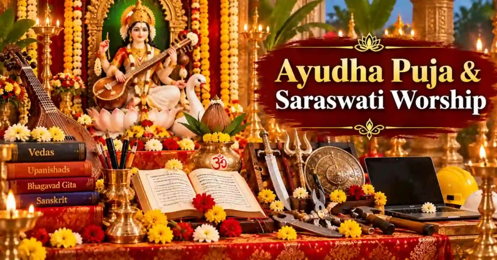 Books, musical instruments, tools and weapons arranged for Ayudha Puja and Saraswati worship