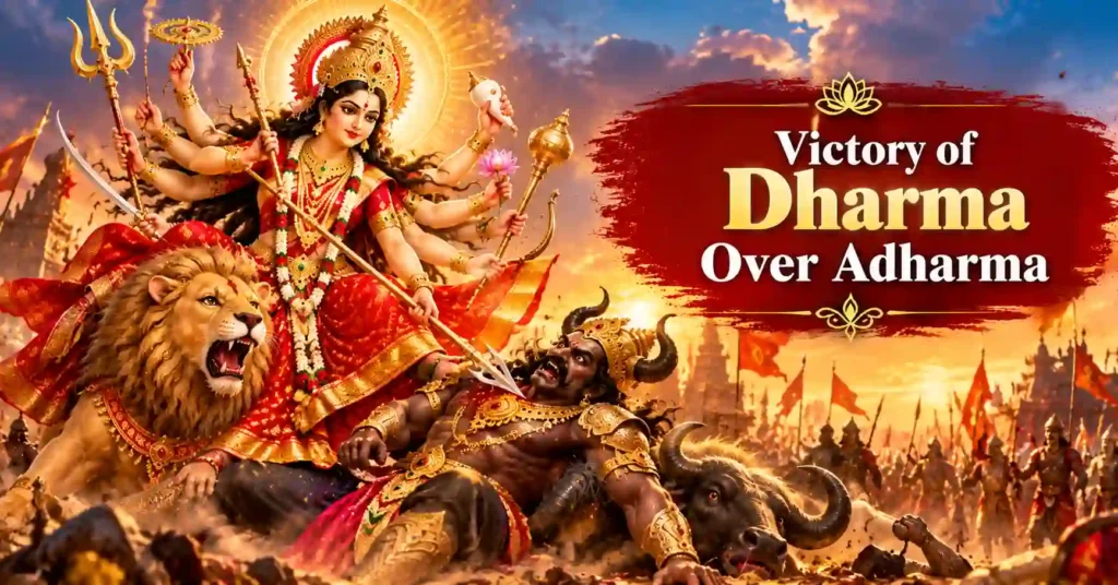 Maa Durga defeating Mahishasura symbolizing the victory of Dharma over Adharma and good over evil