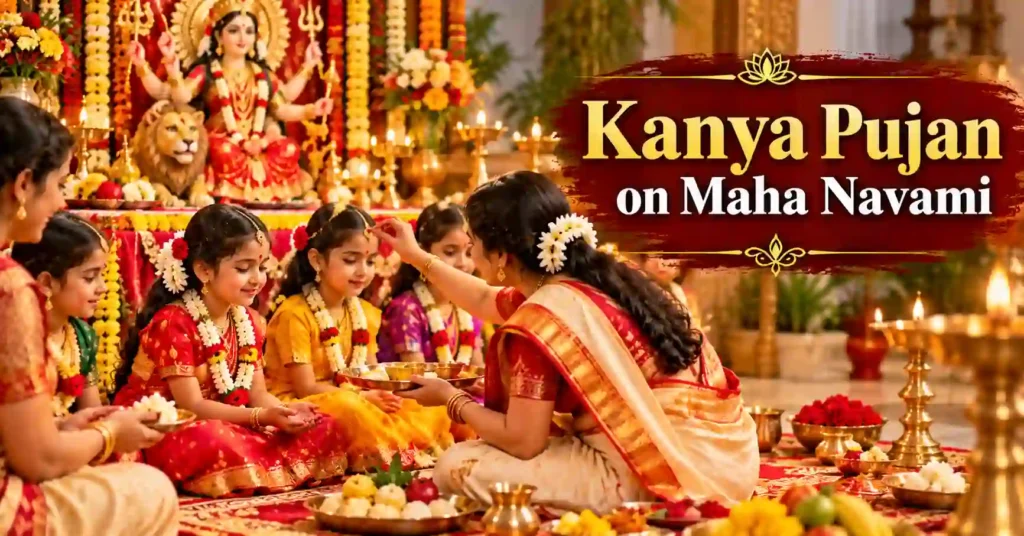 Young girls receiving prayers and prasad during Kanya Pujan on Maha Navami