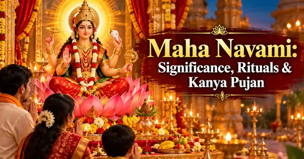Maha Navami celebration with Maa Siddhidatri worship, devotees offering prayers during Navratri