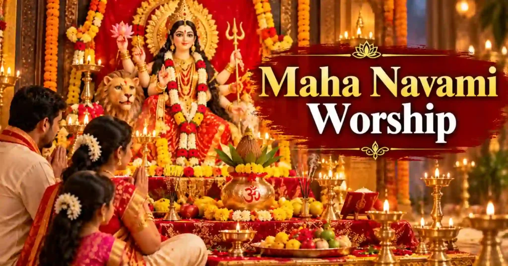 Devotees performing Maha Navami worship before Maa Durga altar decorated with flowers, lamps and Kalash
