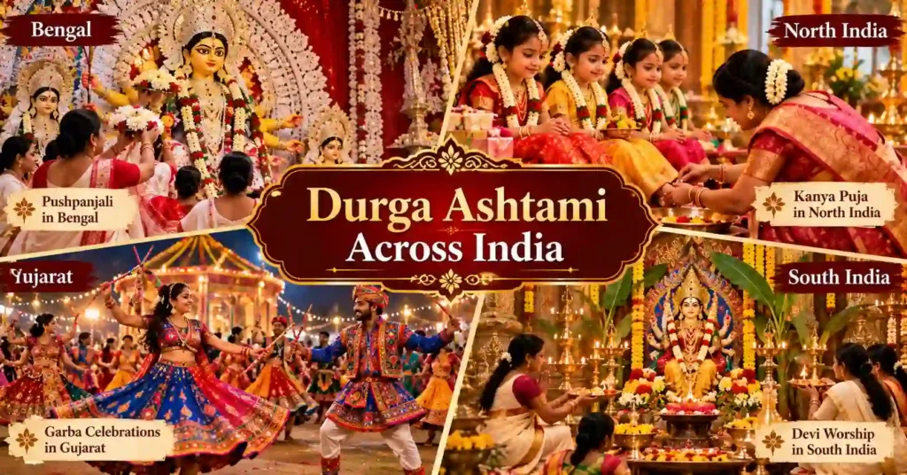 Durga Ashtami celebrations across India featuring Bengal Pushpanjali, Kanya Puja, Gujarat Garba and South Indian Devi worship
